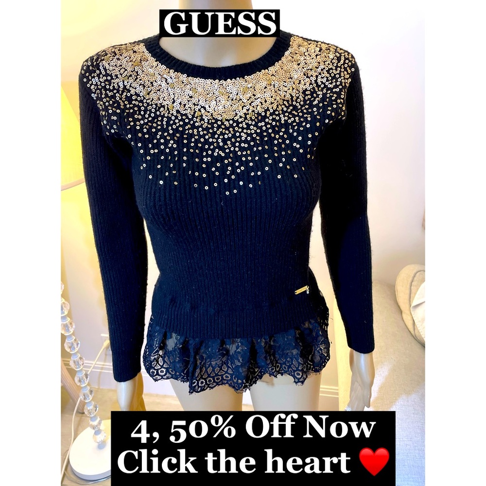 Guess, Black Sequined Sweater W/ Lace bottom Sz 10